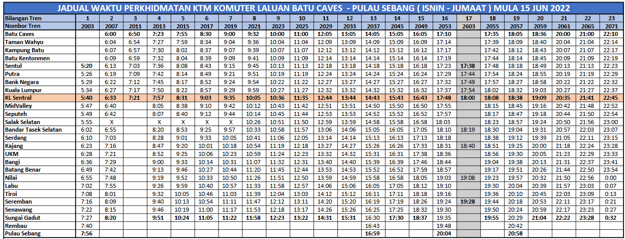 KTM Batu Caves Schedule Komuter to Tampin, KL, TBS Early Morning Times