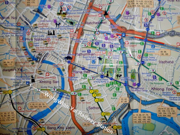 Bangkok map with Wongwian Yai Railway Station