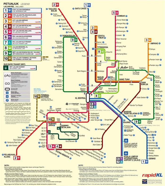 Kuala Lumpur Transit Map Train, LRT, MRT, KTM, Monorail, ERL