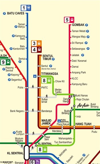 KLCC to Batu Caves LRT - KTM train route map