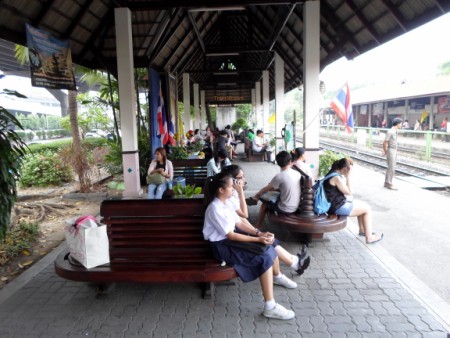 people waiting for a Bangkok bound train on platform 1